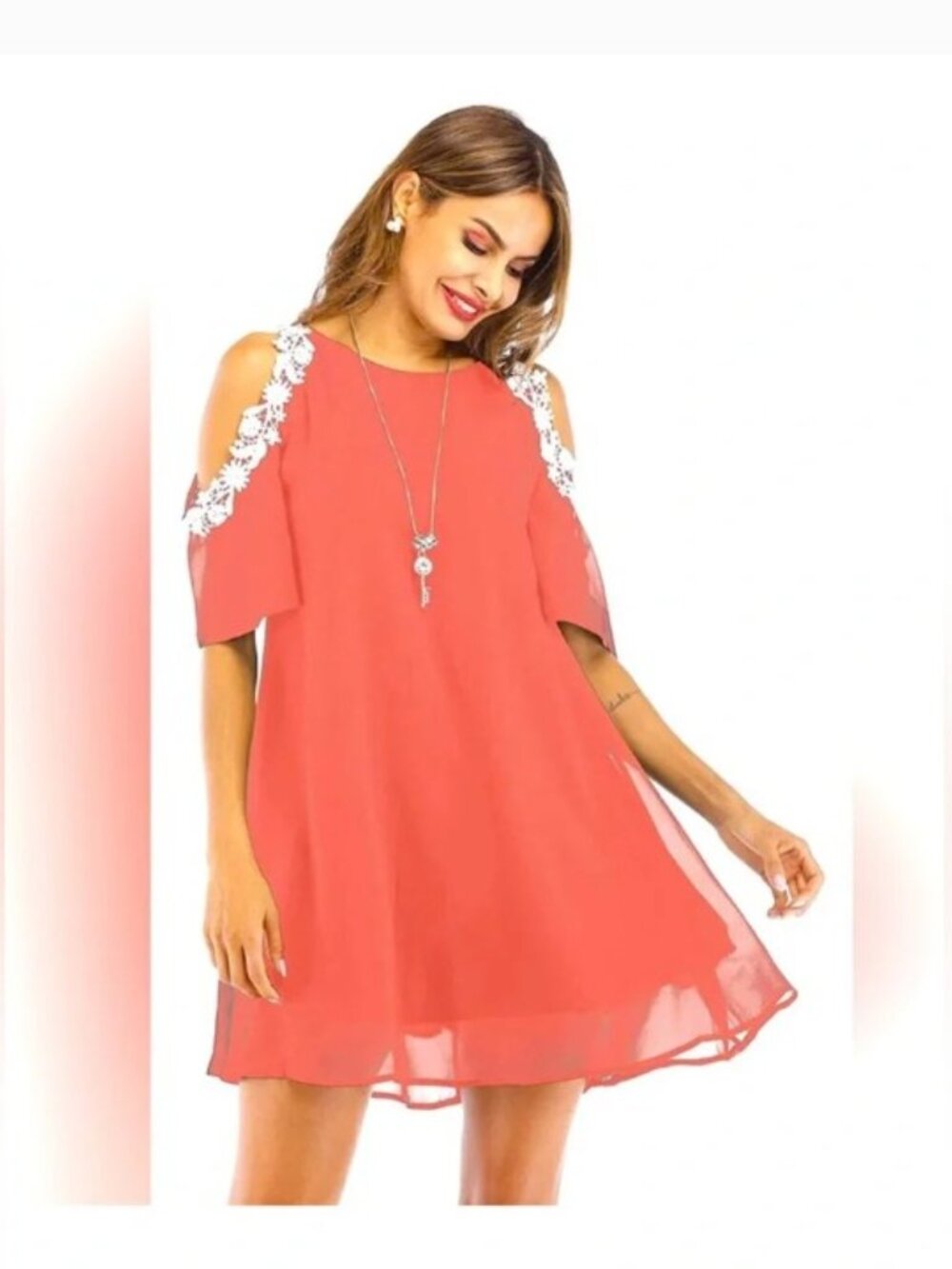 NEW Aofur Coral Cold Shoulder Dress Women Size XL